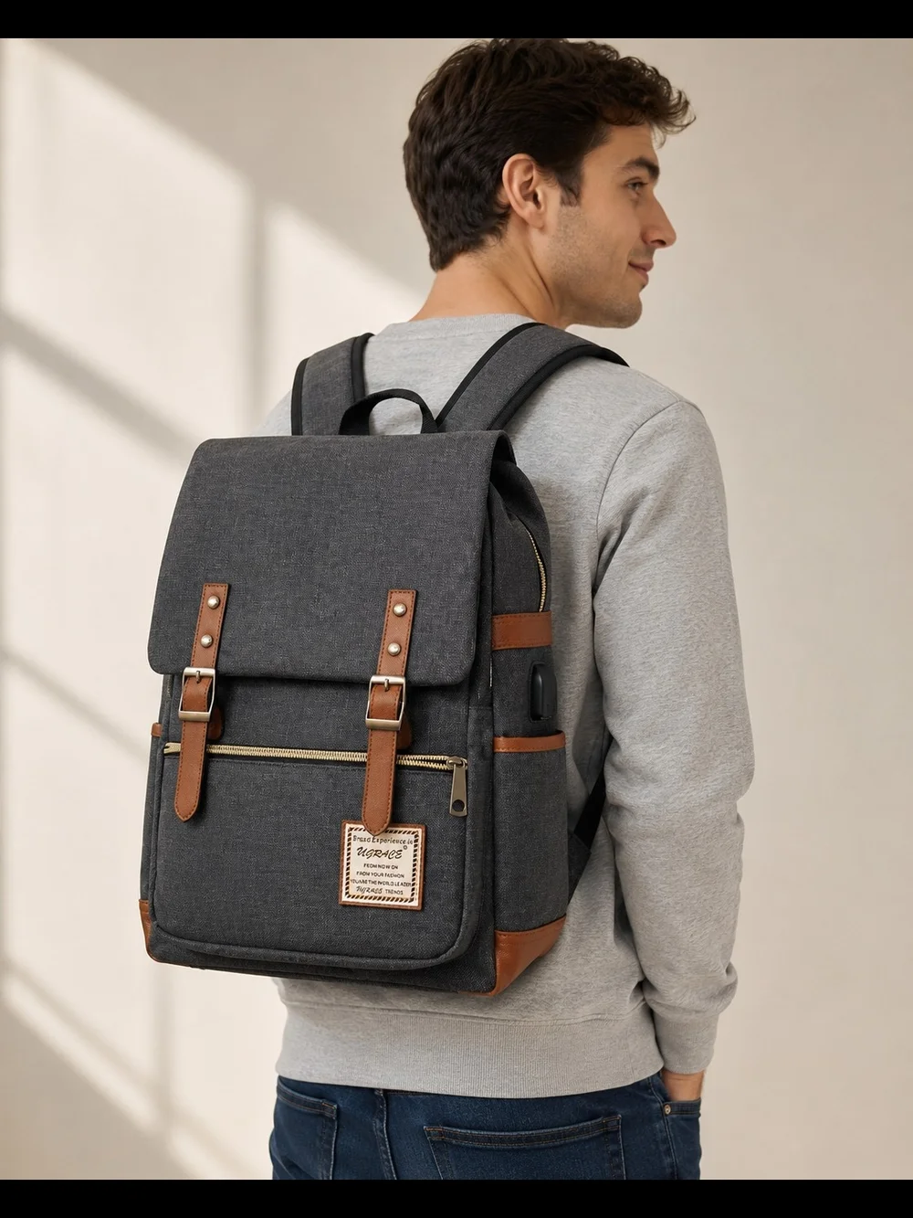 UGRACE gray canvas laptop/travel backpack Usb
